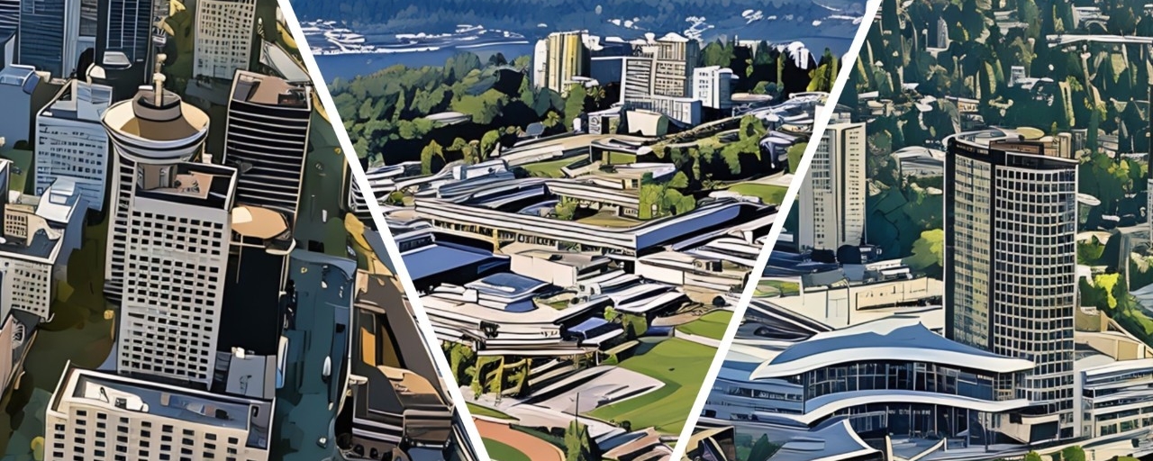 aerial image of SFU's three campuses