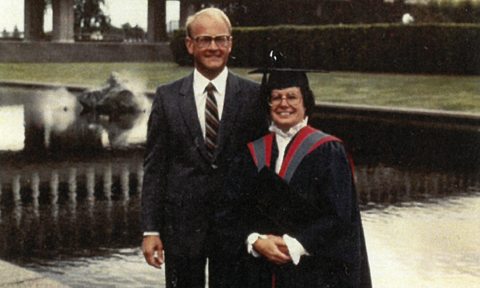 Stan and Judy at Judy's SFU convocation ceremony in 1983
